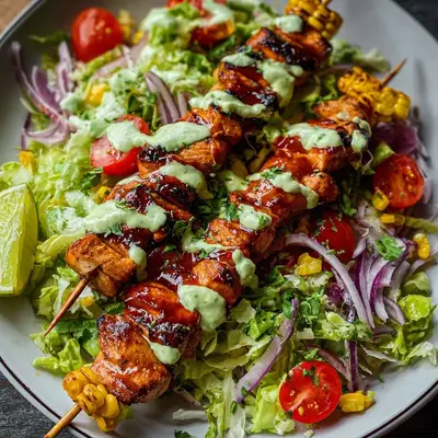 BBQ Chicken Skewer Salad with Creamy Avocado Dressing