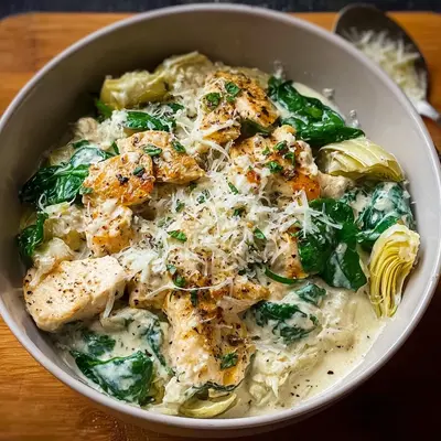 High Protein Cottage Cheese Chicken Artichoke Bowl