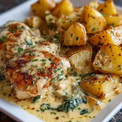 High Protein Creamy Garlic Cheesy Chicken & Potatoes