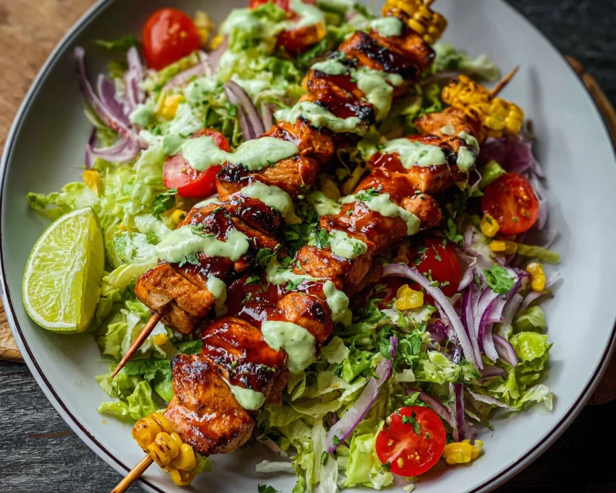 BBQ Chicken Skewer Salad with Creamy Avocado Dressing