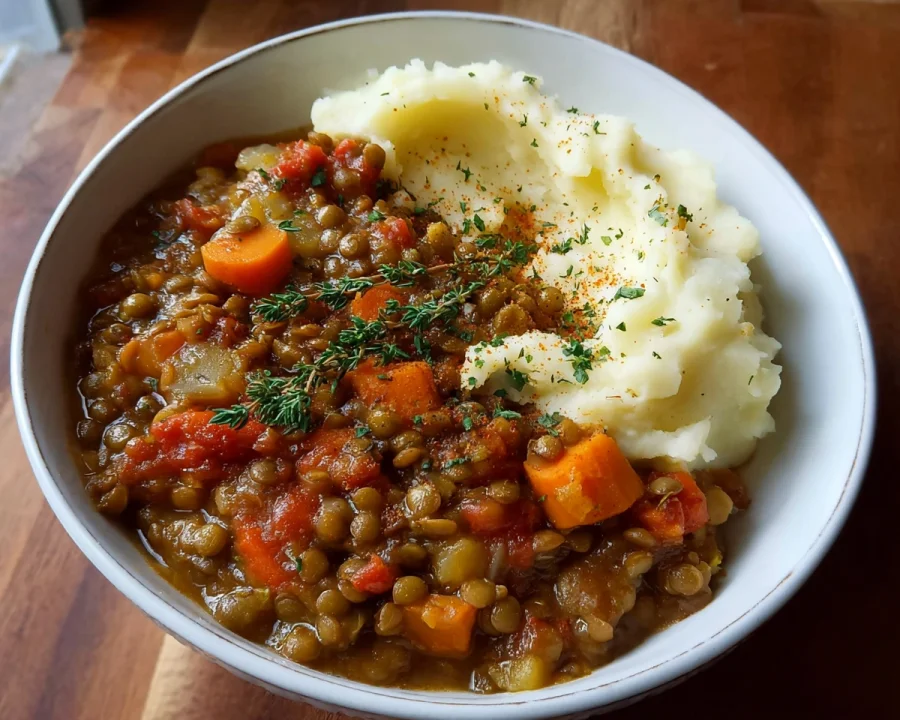 High Protein Lentil Stew with Creamy Mashed Potatoes