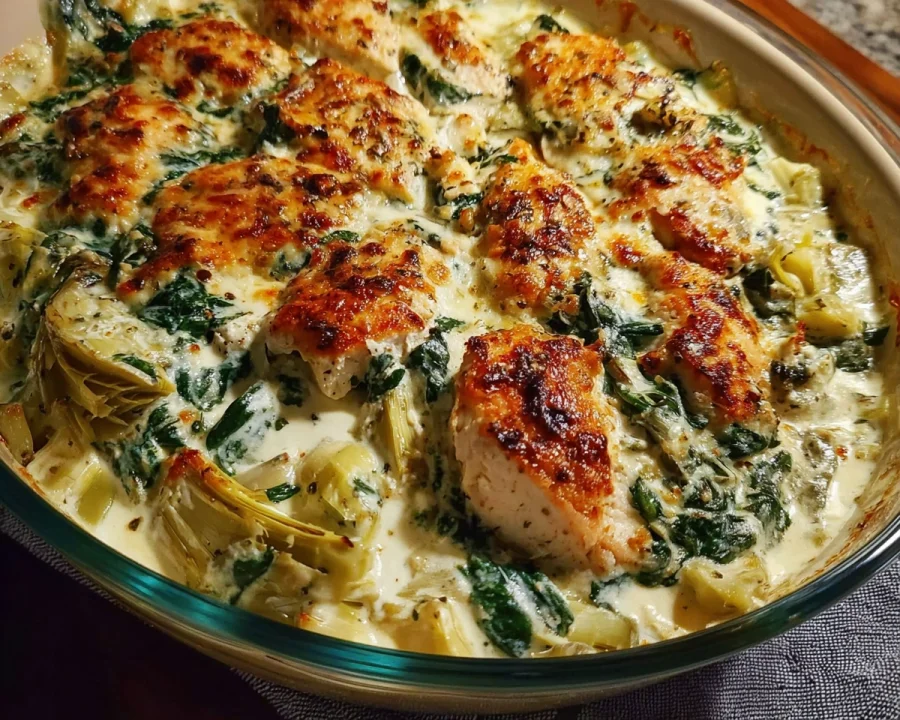 High Protein Spinach Artichoke Chicken Casserole