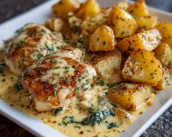 High Protein Creamy Garlic Cheesy Chicken & Potatoes
