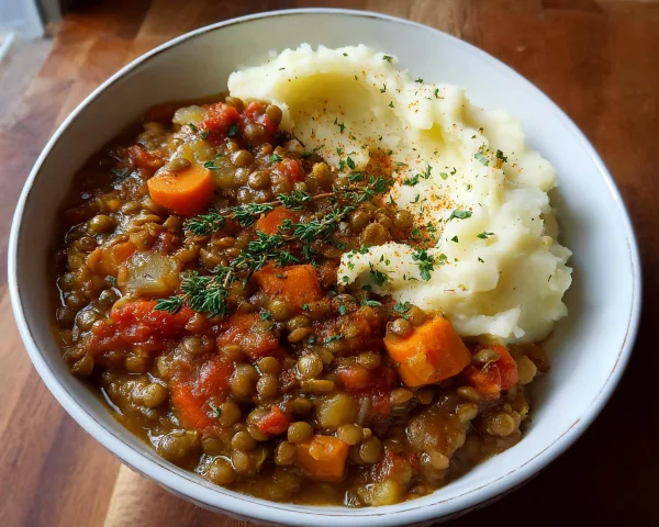 High Protein Lentil Stew with Creamy Mashed Potatoes