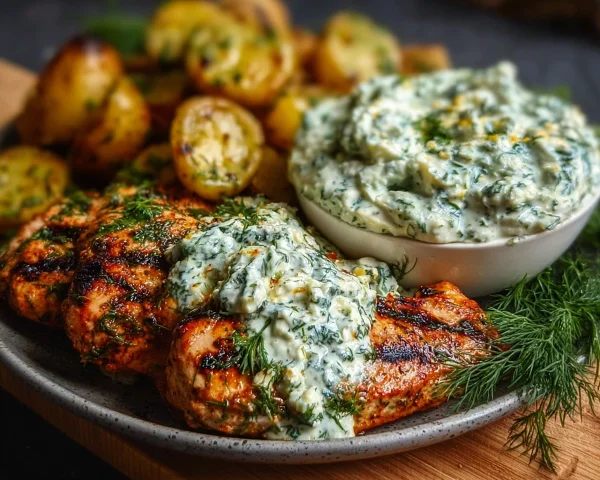 Spicy Yogurt Chicken with Dill Feta Cream Recipe