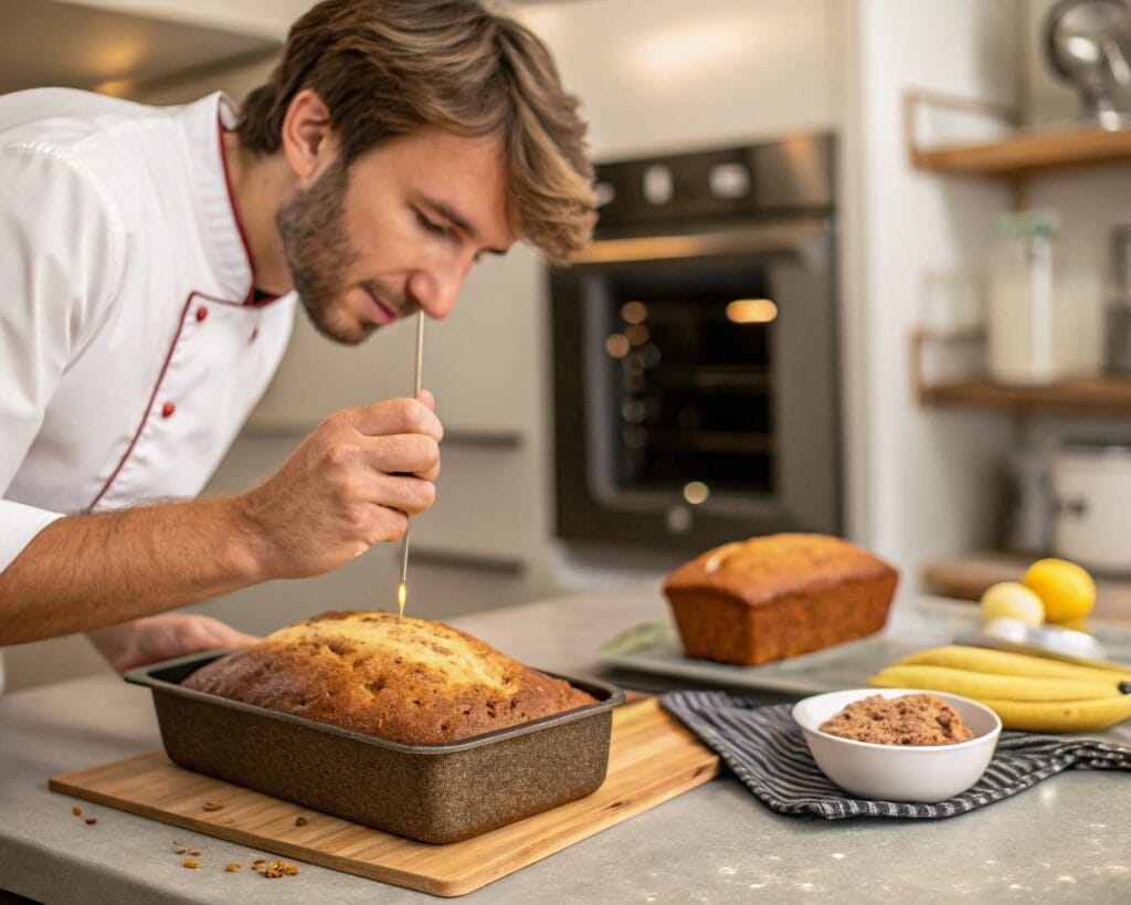 Why Is Banana Bread Not Cooked in the Middle? 4 Baker testing banana bread with a toothpick.
