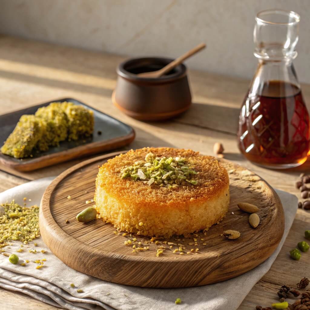 The Ultimate Guide to Kunafa: History, Types, and Recipe Secrets 8 A classic Kunafa topped with pistachios and served with syrup.