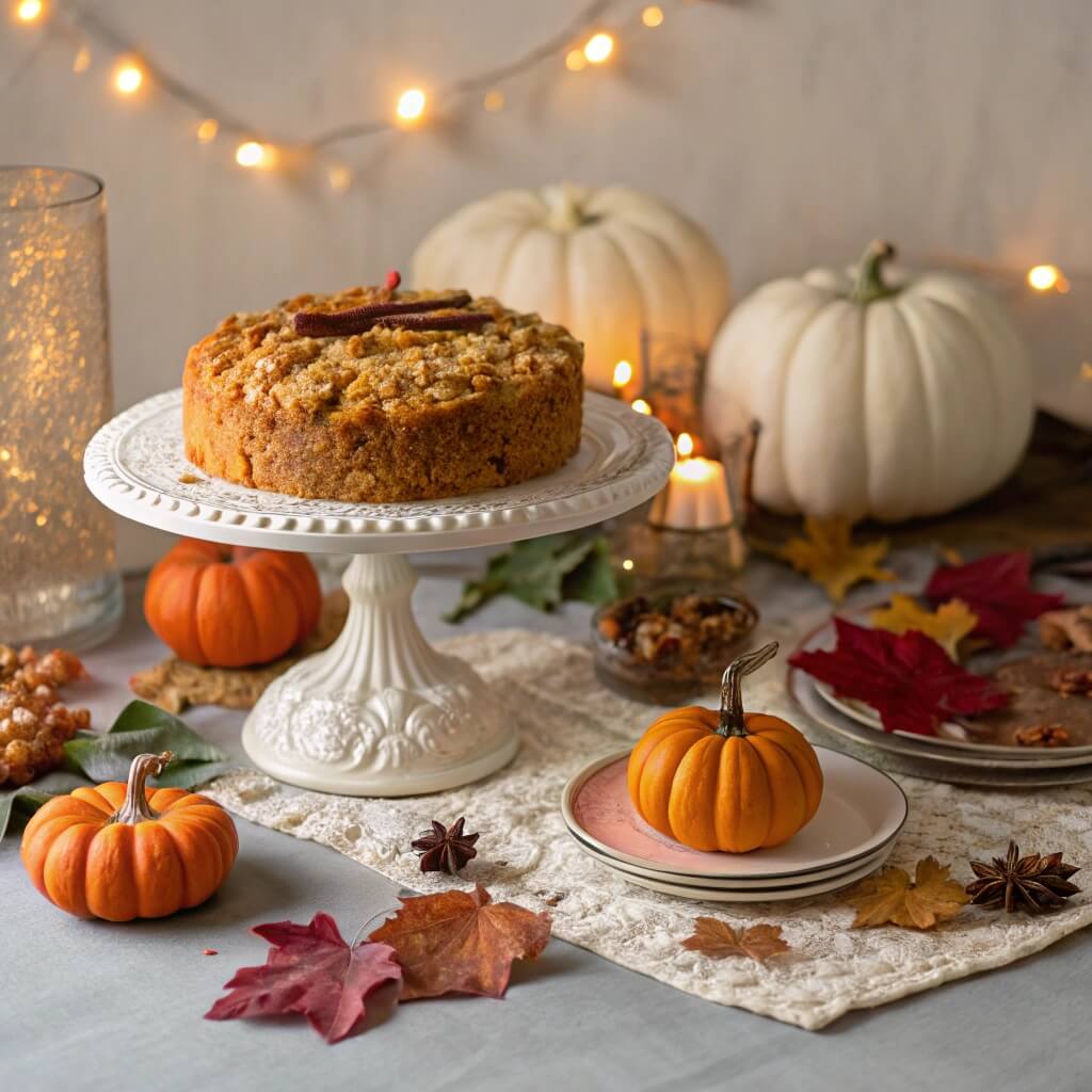 This 1 Simple Pumpkin Dump Cake Will Wow Your Family And Friends 2 A pumpkin dump cake on a fall-themed table with pumpkins and leaves.