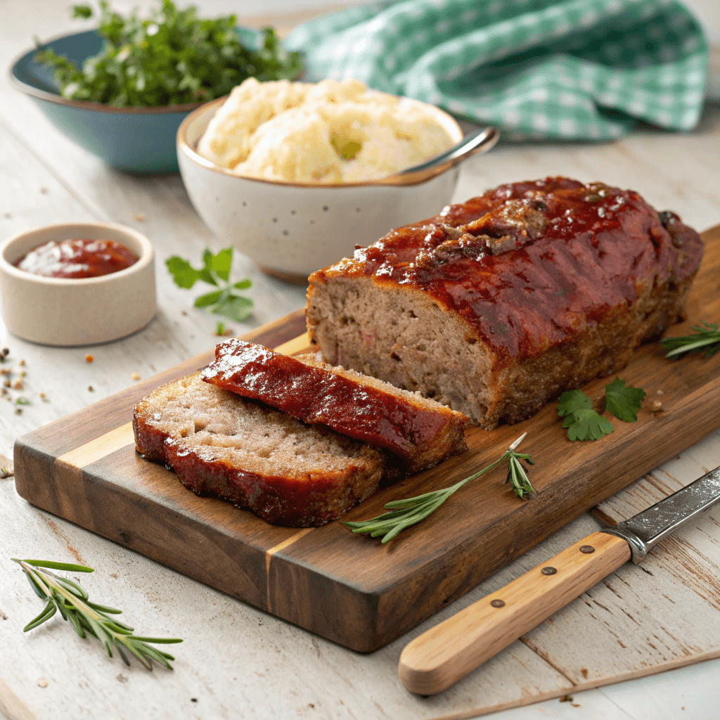 What Is the Secret to Juicy Meatloaf? 2 Juicy meatloaf sliced on a cutting board with a shiny glaze and side dishes.