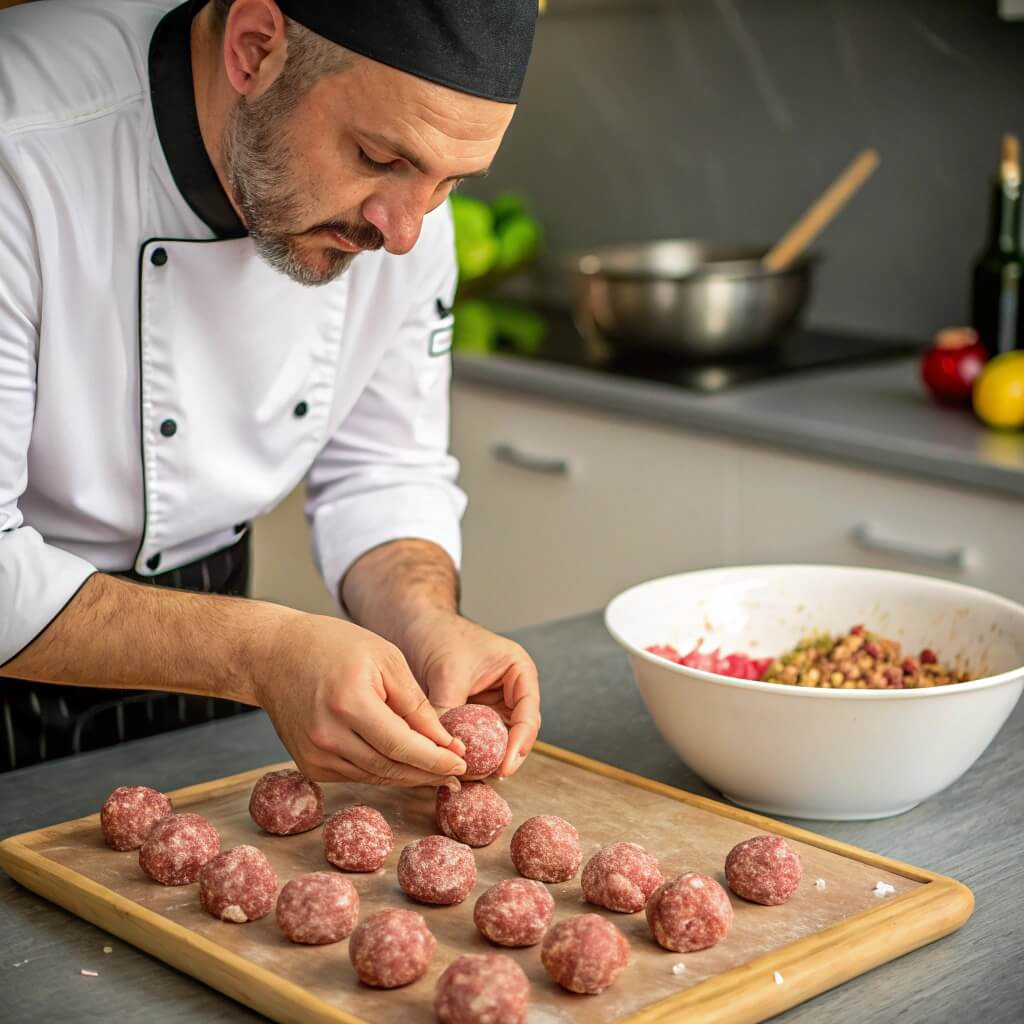 What Are the Ingredients of Meatball? 5 A chef forming meatballs from a bowl of prepared meat mixture.