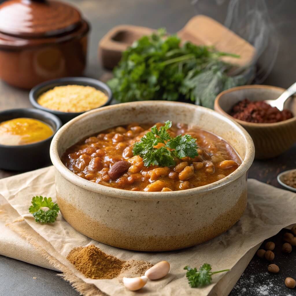 What Can I Add to Baked Beans for Flavor? 2 A bowl of baked beans with garnish and flavor-enhancing ingredients.