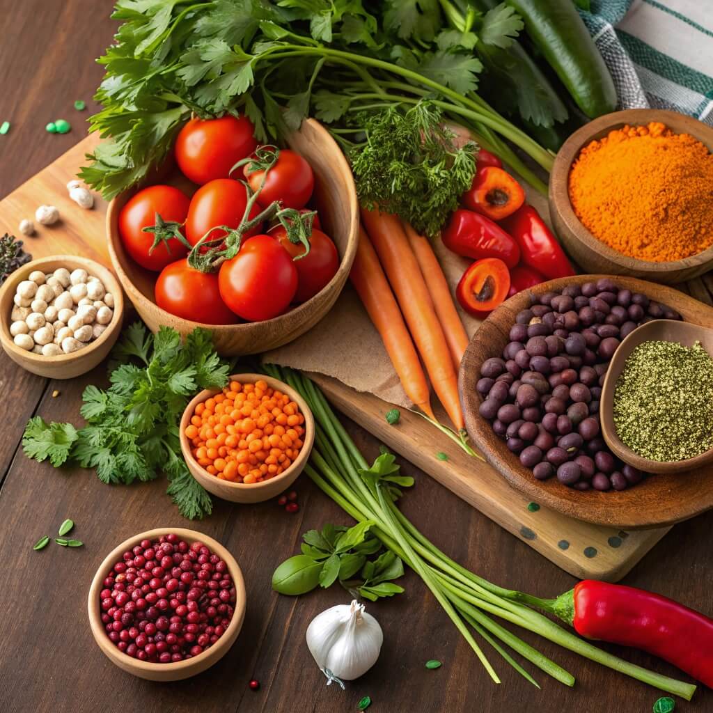 Village Soup: A Culinary Tradition Steeped in Community and Flavor 3 Fresh vegetables, herbs, and legumes for making village soup.