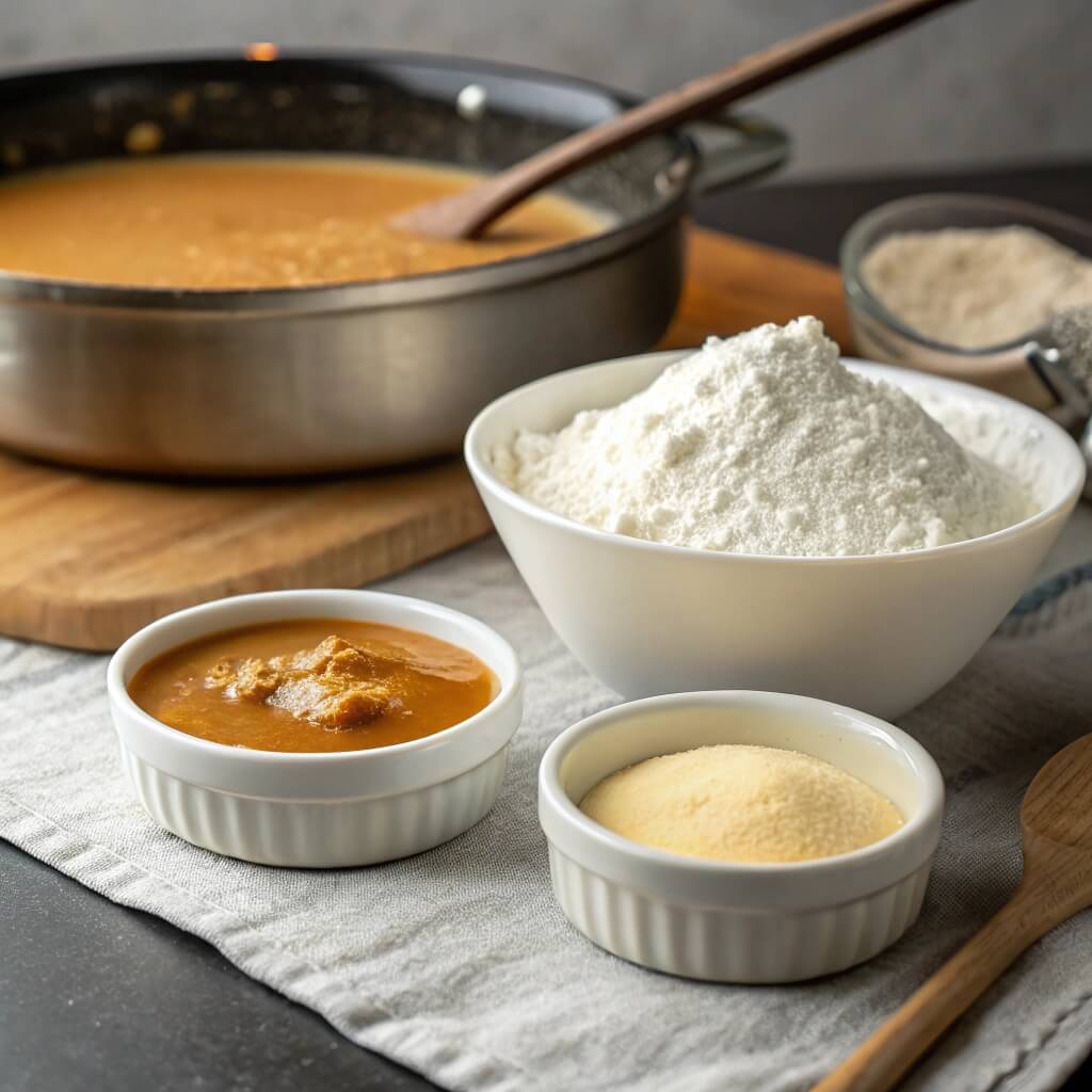 Can I Use Milk Instead of Heavy Cream for Gravy? 5 Thickening agents like cornstarch, flour, and roux displayed next to a pan of gravy.