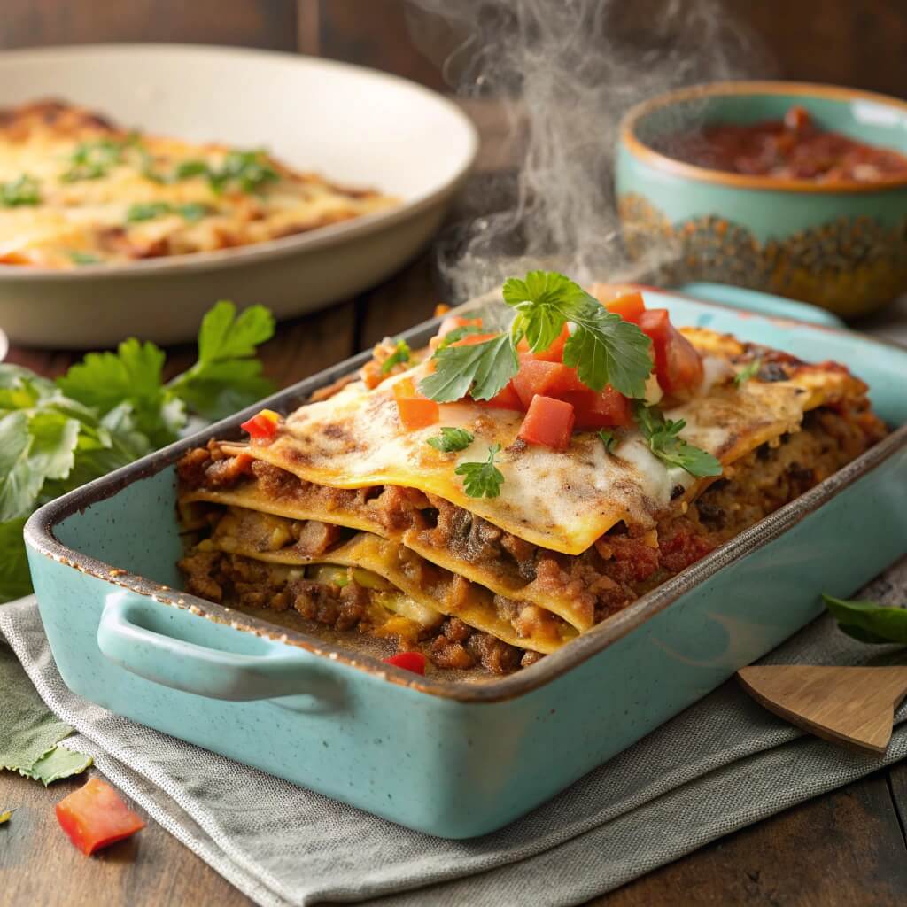 Mexican Lasagna Made Easy: A Cheesy, Crowd-Pleasing Masterpiece 2 Freshly baked Mexican lasagna in a casserole dish with melted cheese and garnishes