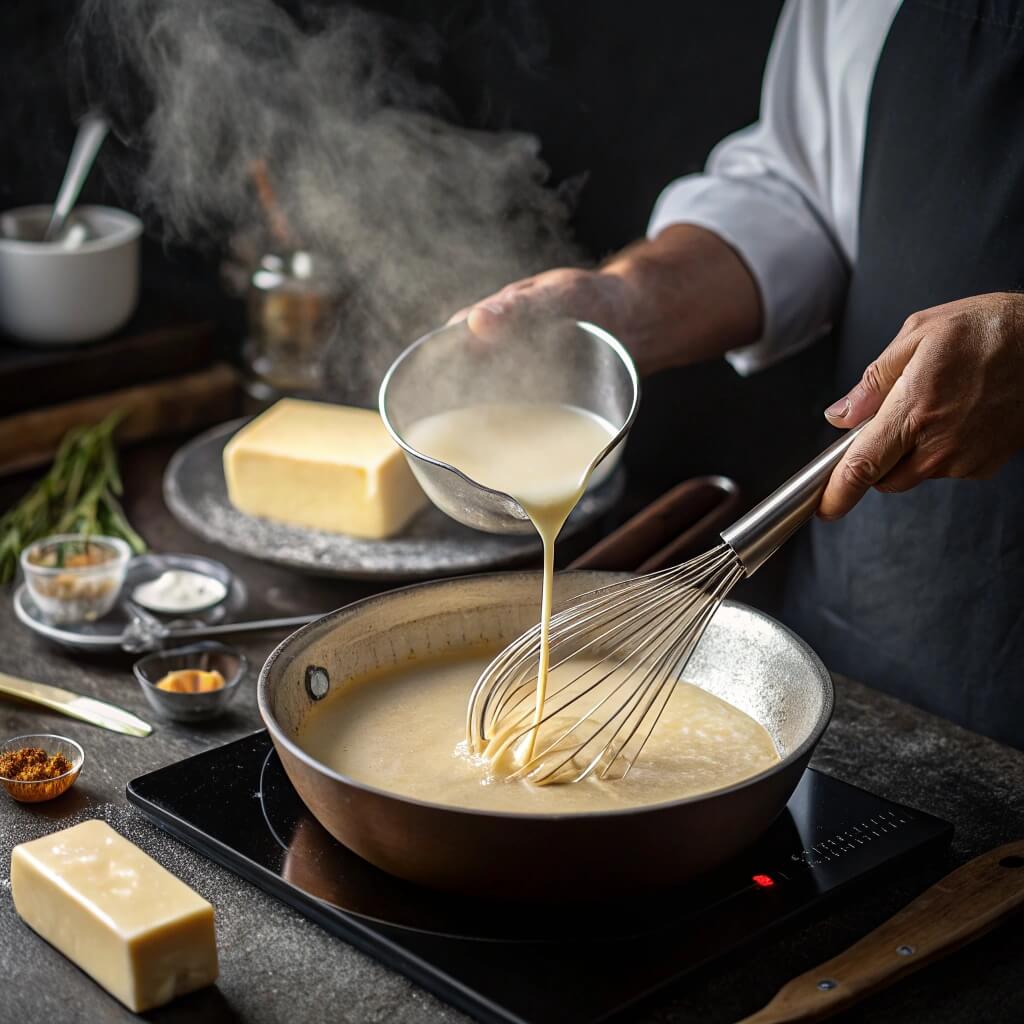 Can I Use Milk Instead of Heavy Cream for Gravy? 4 A whisk stirring milk into a roux on a stovetop, creating a smooth gravy base.