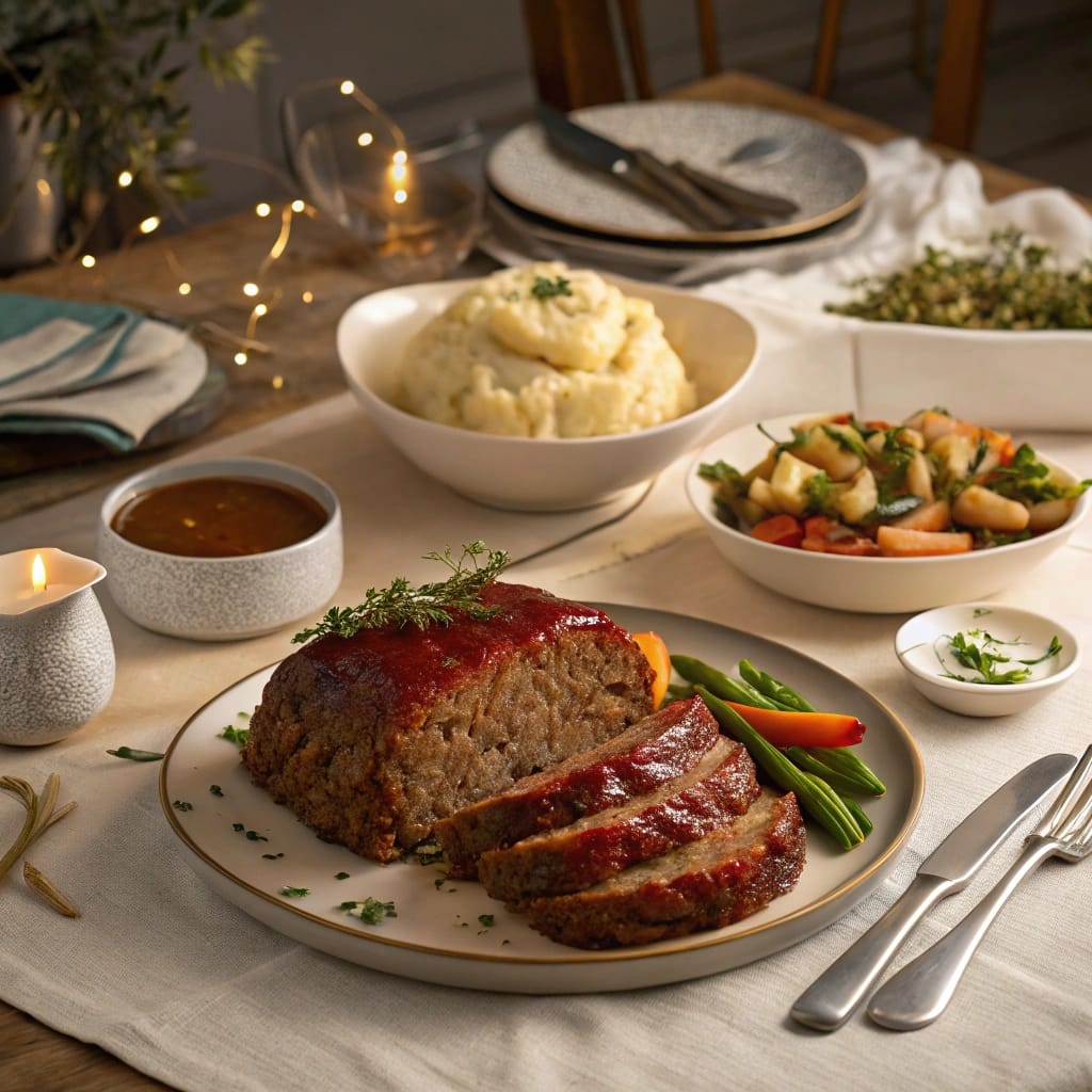 What Is the Secret to Juicy Meatloaf? 6 Meatloaf dinner served with sides on a cozy table.