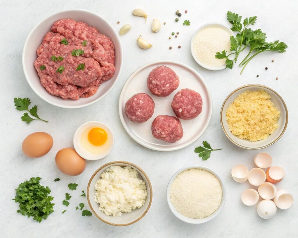 What Are the Ingredients of Meatball? 3 Ingredients for making classic meatballs, neatly displayed