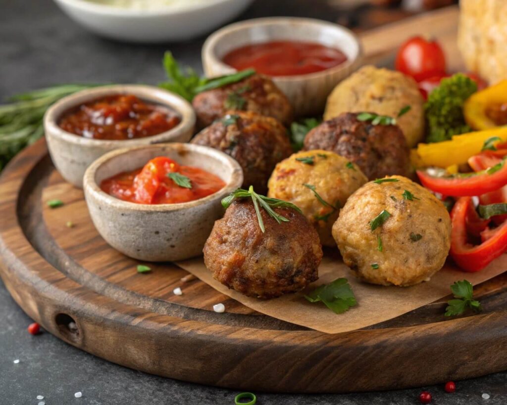 What Are the Ingredients of Meatball? 2 A platter featuring Italian, Swedish, Asian, and Middle Eastern meatballs with assorted sauces.
