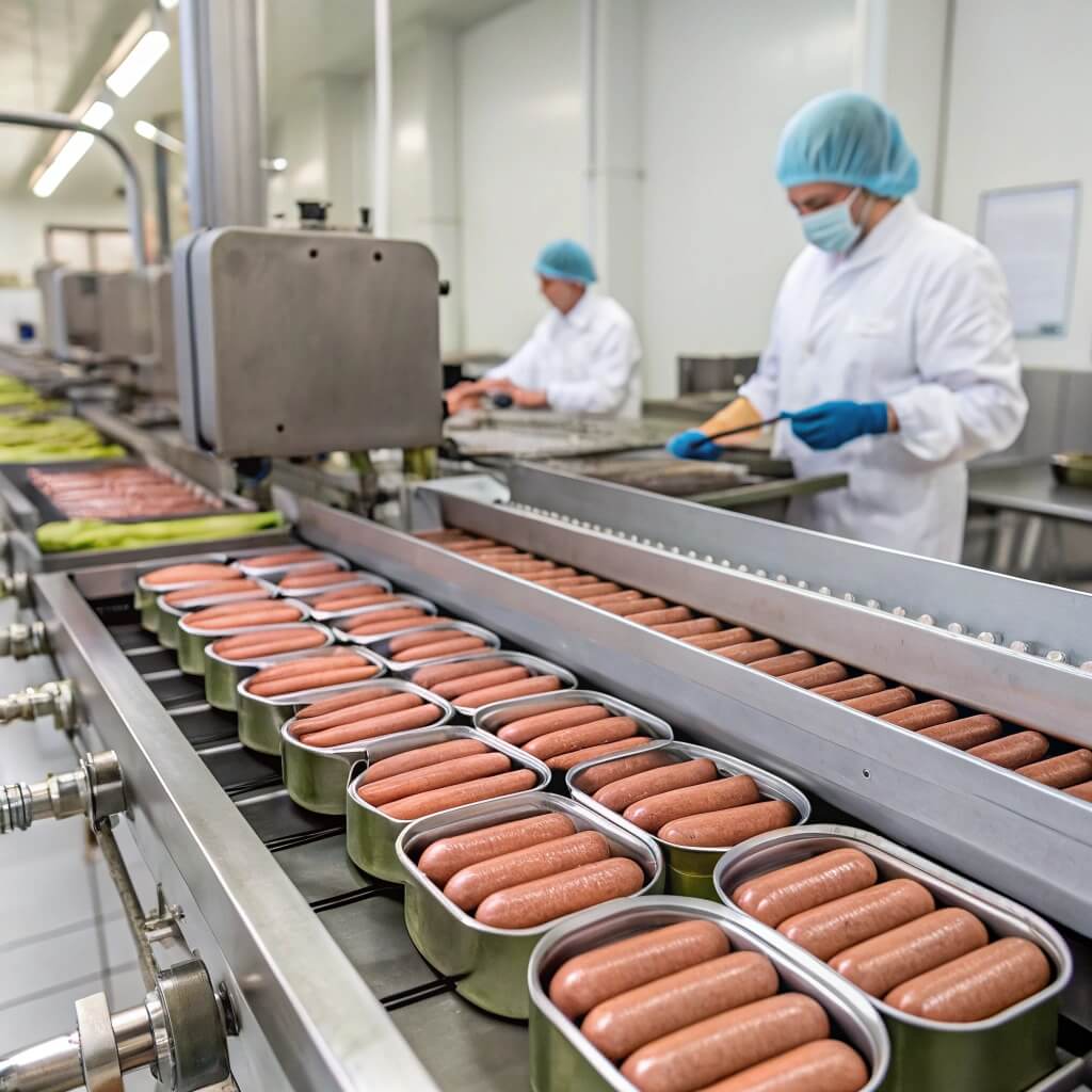 The Ultimate Guide to Vienna Sausage 3 Vienna sausages being packed in a food factory.