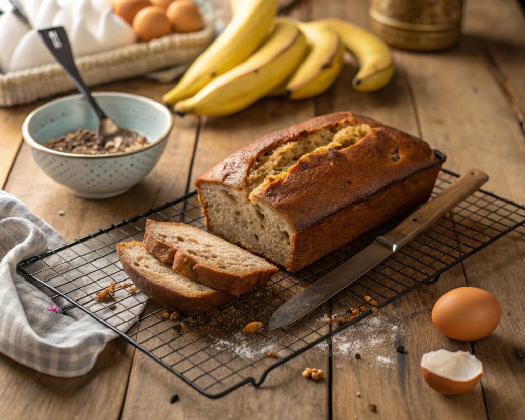 Why Is Banana Bread Not Cooked in the Middle? 2 A perfectly baked banana bread loaf being sliced on a cooling rack.