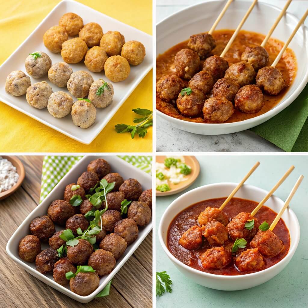 What Are the Ingredients of Meatball? 4 Meatballs from various cuisines with distinctive presentations and sauces.
