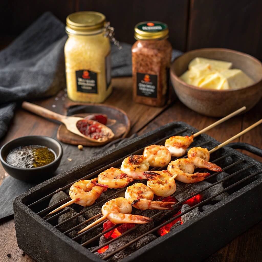 Can You Make Shrimp Taste Like Lobster? 14 Grilled shrimp skewers brushed with butter on a grill.