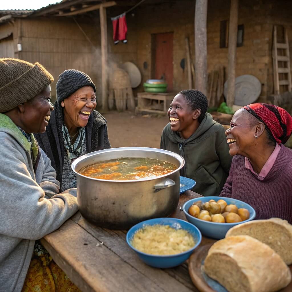 Village Soup: A Culinary Tradition Steeped in Community and Flavor 6 Villagers sharing a meal of soup around a large pot.