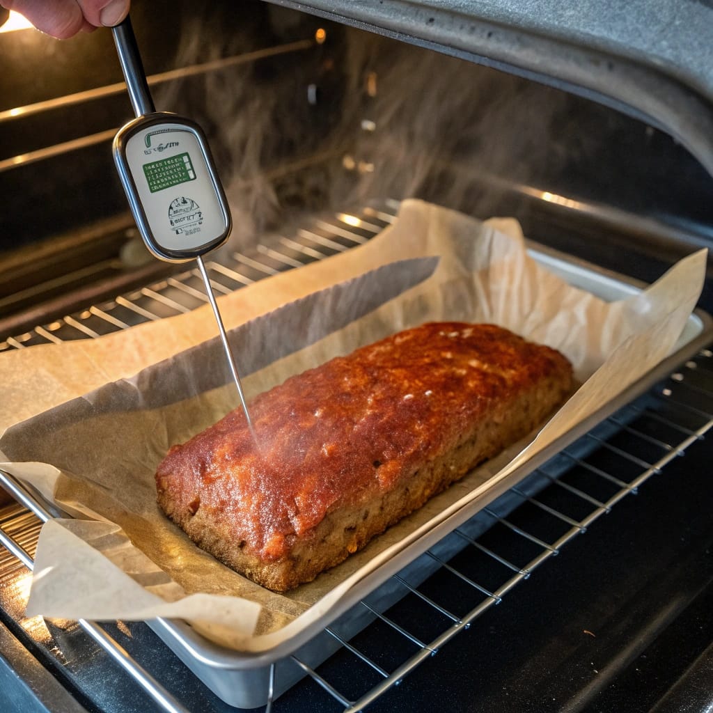 What Is the Secret to Juicy Meatloaf? 4 Meatloaf baking in the oven with a thermometer inserted.