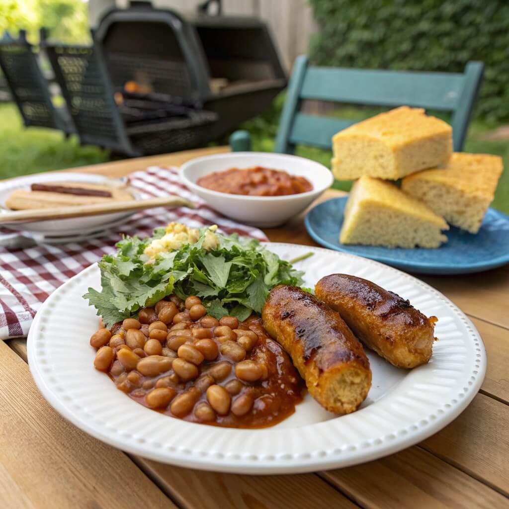 What Can I Add to Baked Beans for Flavor? 4 Bacon, onions, and sausage next to a pot of baked beans.