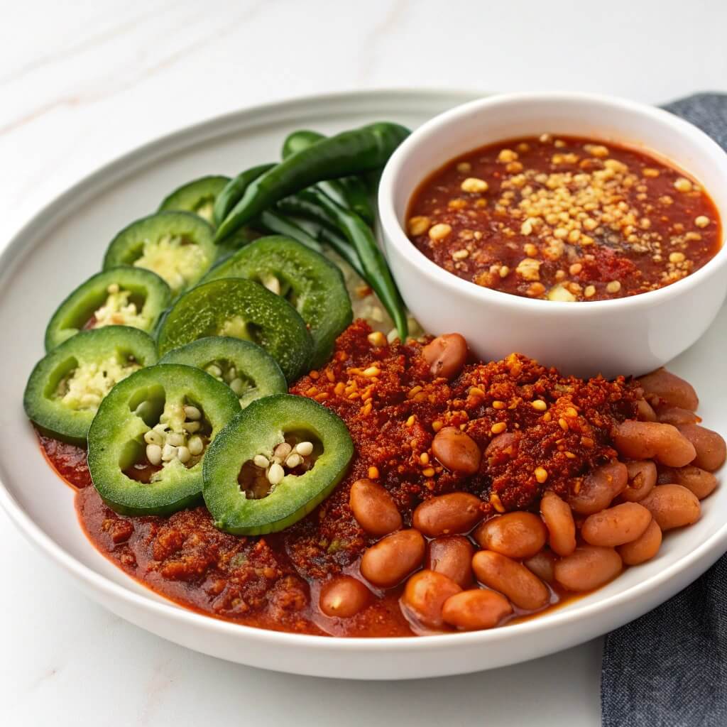What Can I Add to Baked Beans for Flavor? 5 Spicy ingredients like jalapeños and chili flakes next to baked beans.