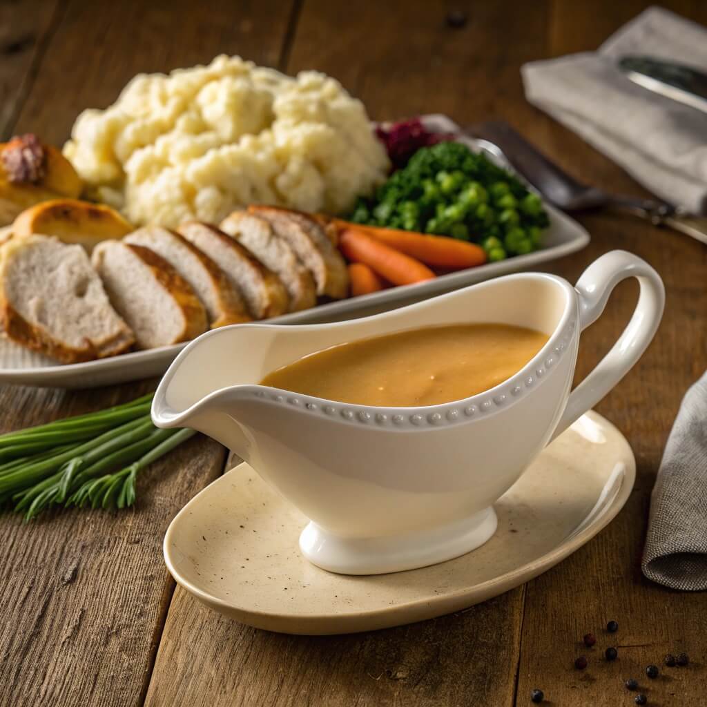 Can I Use Milk Instead of Heavy Cream for Gravy? 2 Gravy boat with creamy golden-brown gravy on a table with roasted chicken and mashed potatoes.