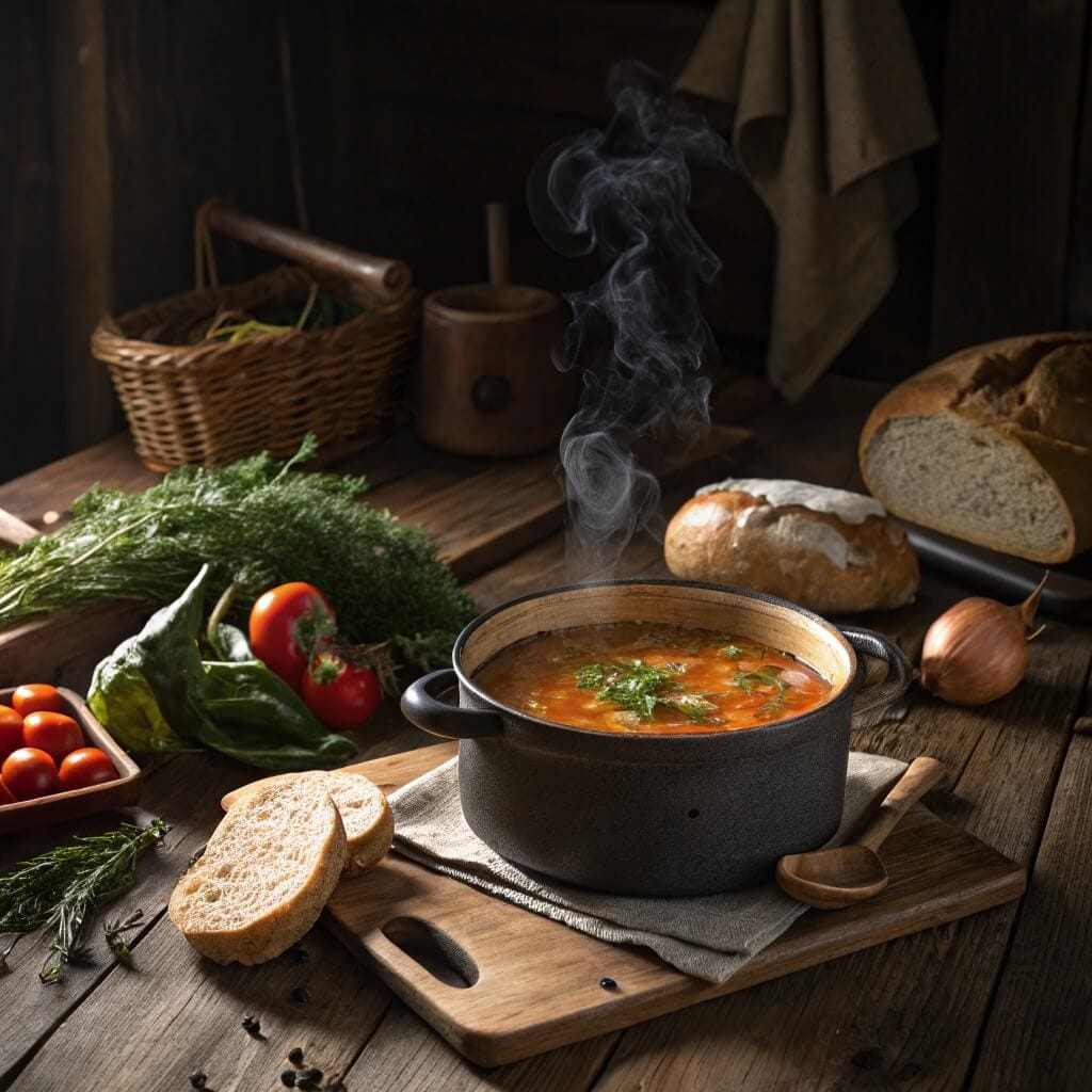 Village Soup: A Culinary Tradition Steeped in Community and Flavor 2 A rustic village kitchen with a pot of soup and fresh ingredients.
