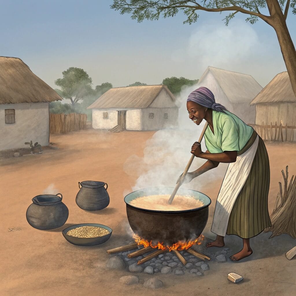 Village Soup: A Culinary Tradition Steeped in Community and Flavor 4 A woman cooking village soup over an open fire.