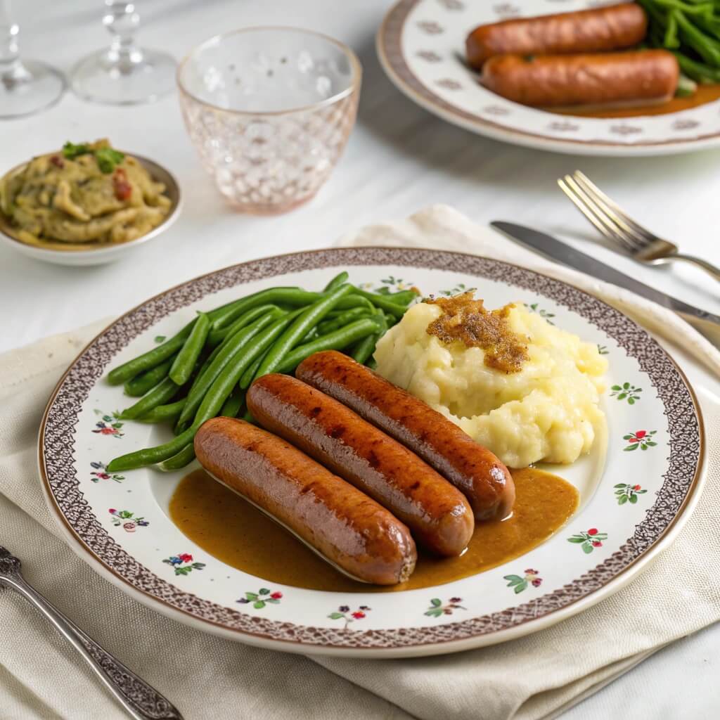 The Ultimate Guide to Vienna Sausage 4 Vienna sausages served with mashed potatoes and green beans.