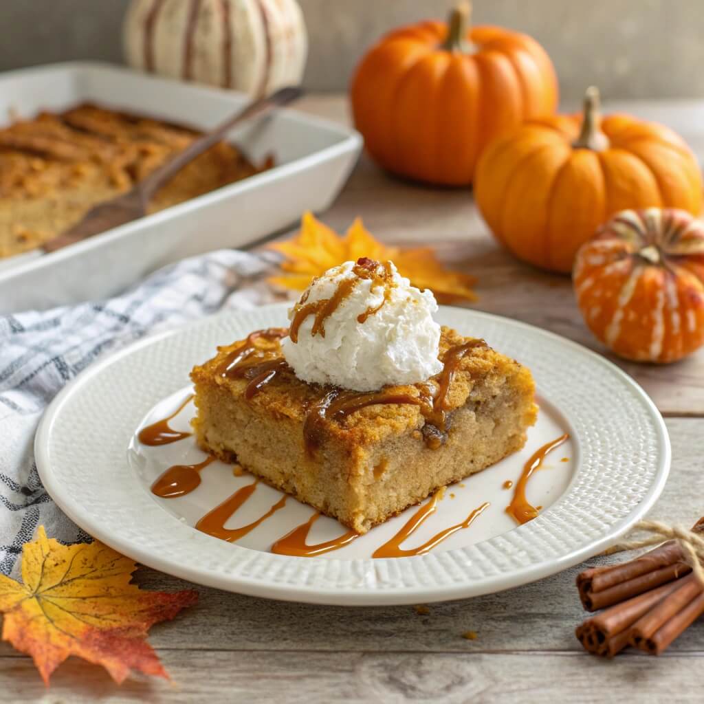 This 1 Simple Pumpkin Dump Cake Will Wow Your Family And Friends 5 A slice of pumpkin dump cake with whipped cream and caramel.