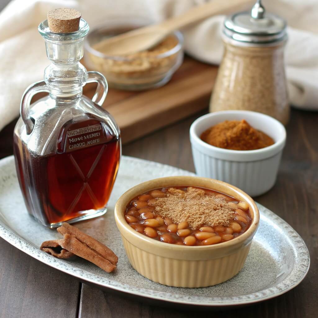What Can I Add to Baked Beans for Flavor? 3 Sweet ingredients like maple syrup and molasses next to baked beans.