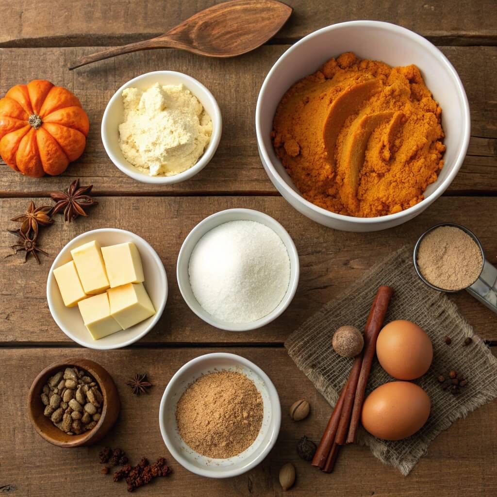 This 1 Simple Pumpkin Dump Cake Will Wow Your Family And Friends 3 Ingredients for pumpkin dump cake on a wooden table.