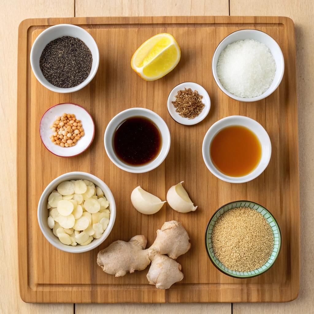 The Hidden Magic Of Japanese BBQ Sauce: Flavor Unlocked 14 Ingredients for Japanese BBQ sauce arranged on a wooden table.