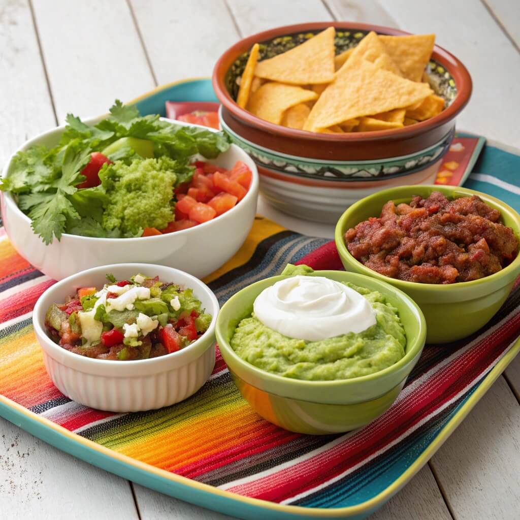 Mexican Lasagna Made Easy: A Cheesy, Crowd-Pleasing Masterpiece 5 Toppings and sides for Mexican lasagna arranged on a table.