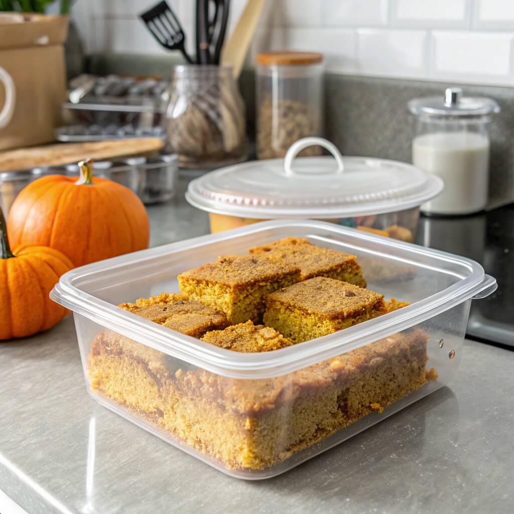 This 1 Simple Pumpkin Dump Cake Will Wow Your Family And Friends 6 Pumpkin dump cake slices stored in a container.