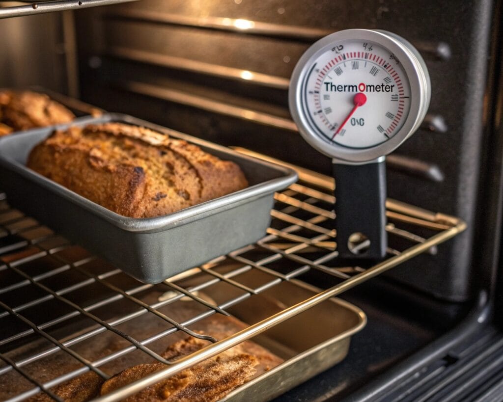 Why Is Banana Bread Not Cooked in the Middle? 3 Oven thermometer showing temperature with banana bread baking.