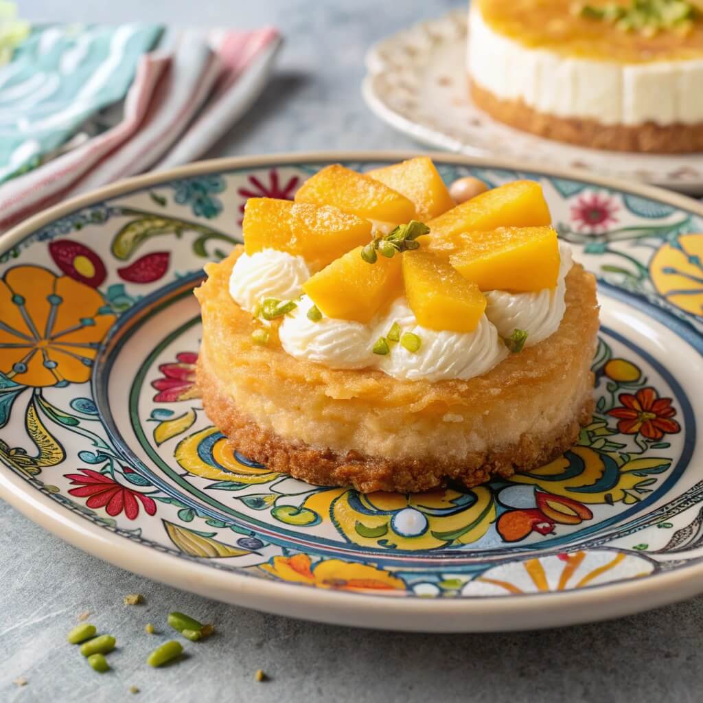 The Ultimate Guide to Kunafa: History, Types, and Recipe Secrets 9 Egyptian Kunafa topped with fresh mango slices.