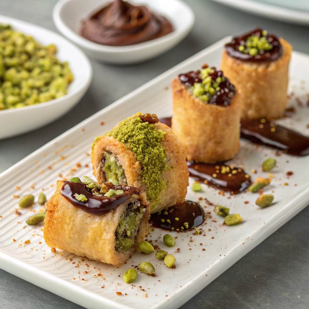 The Ultimate Guide to Kunafa: History, Types, and Recipe Secrets 10 Kunafa rolls filled with Nutella and garnished with pistachios