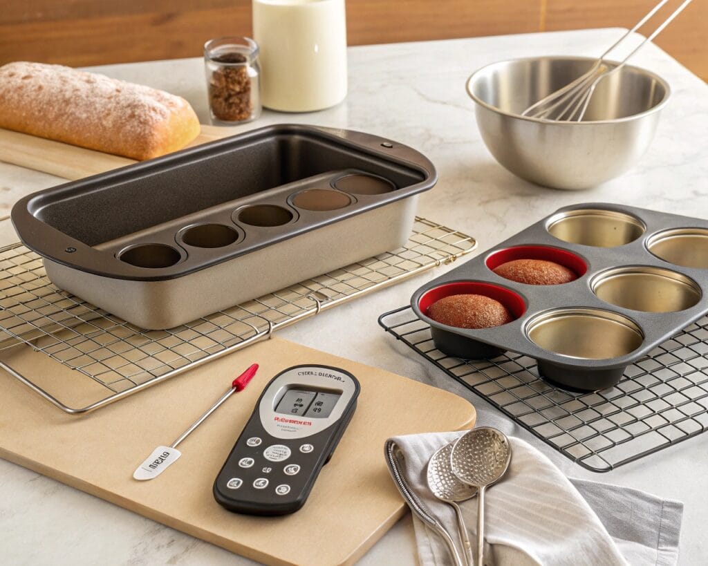 Why Is Banana Bread Not Cooked in the Middle? 6 Essential baking tools for banana bread on a kitchen counter.